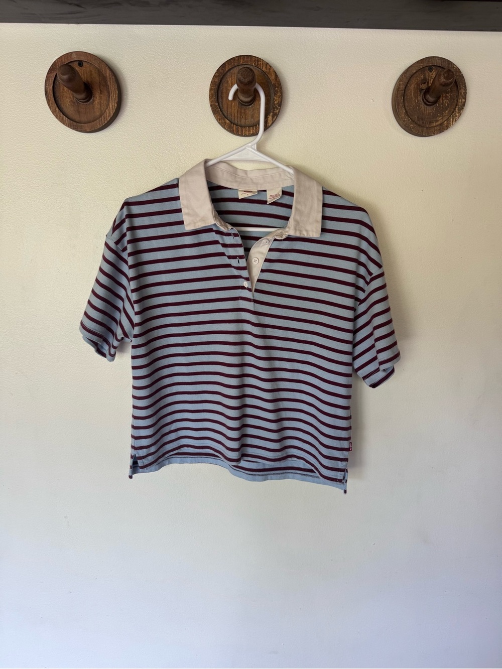 Levi's Blue and Brown Striped Short Sleeve boxy crop Polo Tee small